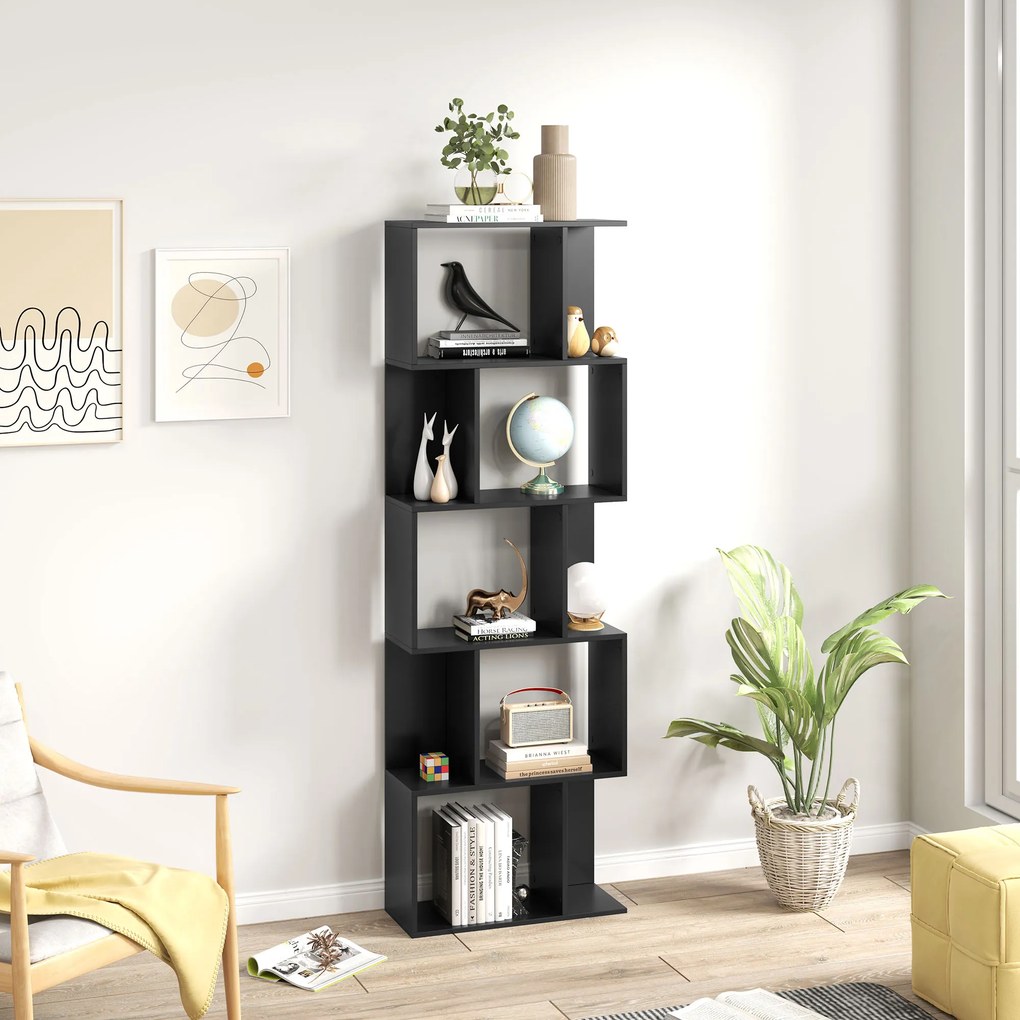 HOMCOM Bibliotecă cu 5 Rafturi Divizate în Formă de S din Lemn, 60x24x184.5 cm, Negru | Aosom Romania