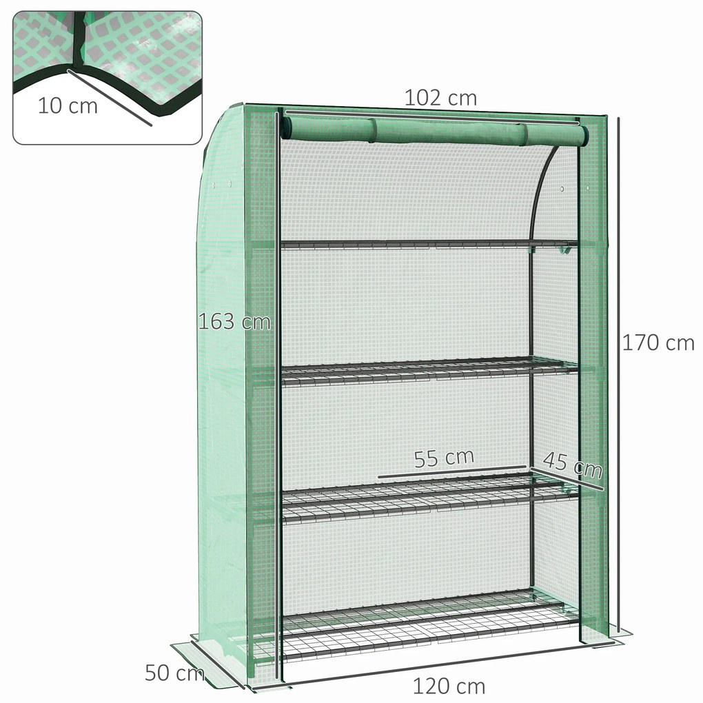 Outsunny Mini seră de grădină cu 4 etaje cu husă PE consolidată, ușă rulabilă și rafturi 120 x 50 x 170 cm, verde | Aosom Romania
