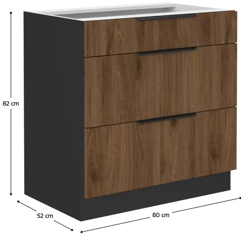 Dulap inferior de bucătărie Monzesa 80 D 3S BB (nuc okapi + negru) . 1096934