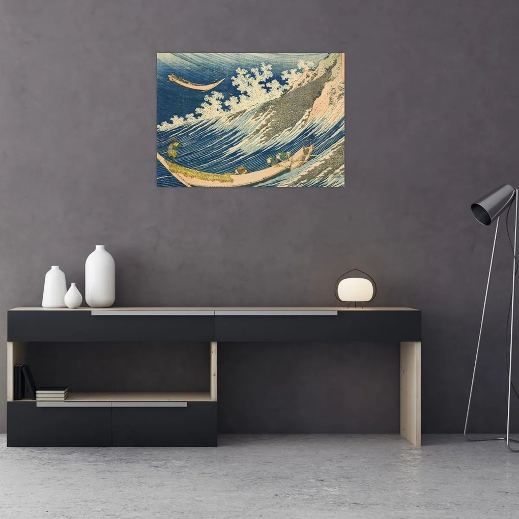Tablou pe sticlă - Katsushika Hokusai, Fishing Boats at Choshi in Shimosa (Soshu Choshi) , reproducere (70x50 cm)