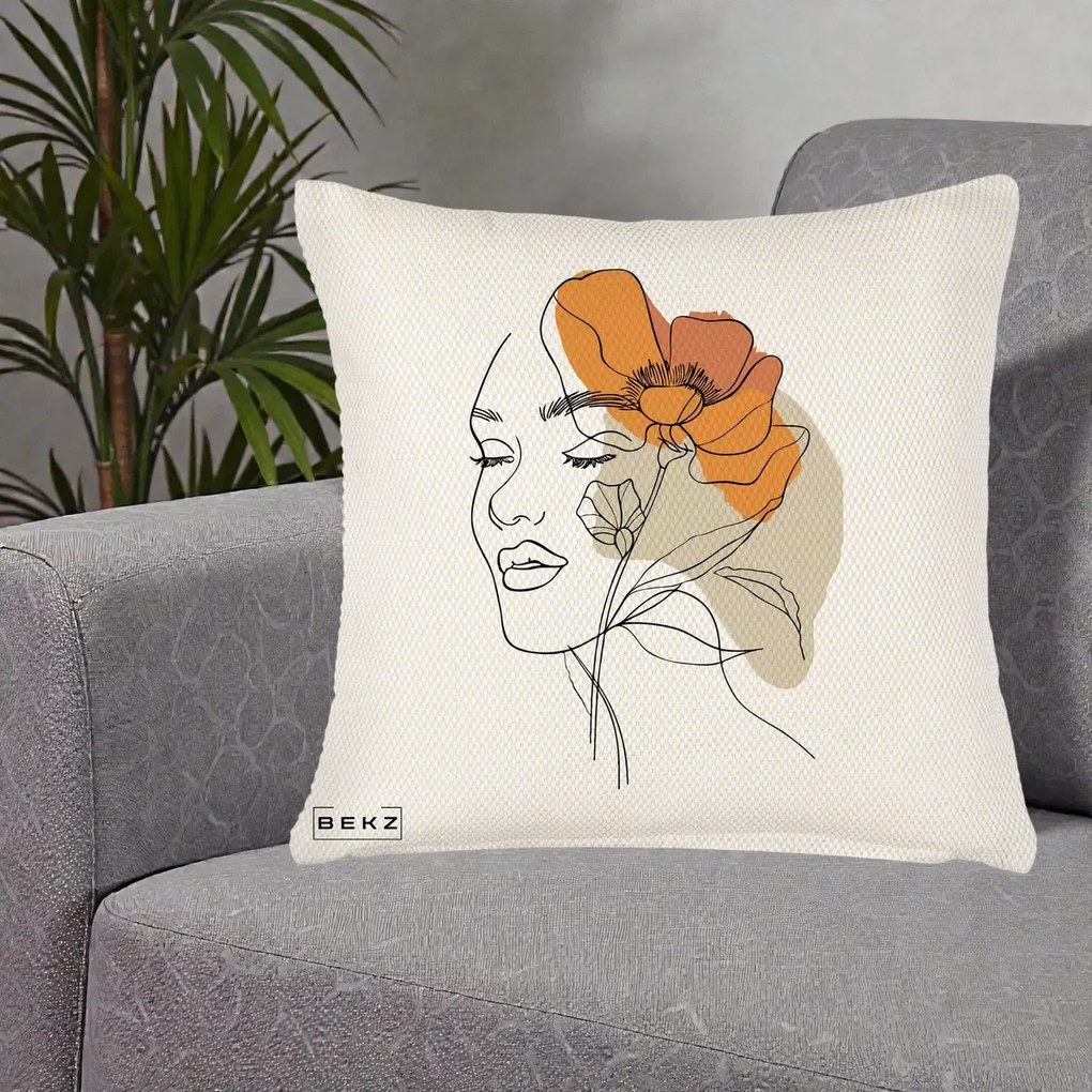 Perna Decorativa Portret Feminin Mac Mare Portocaliu, 40x40 cm, Crem Reliefat, Husa Detasabila, Perna Inclusa, BEKZ®