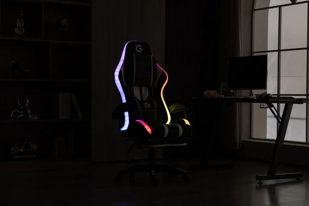 Scaun gaming HOFRE, boxe Bluetooth, sistem iluminare bandă LED RGB, masaj în perna lombară, suport picioare, PU, Negru/Alb