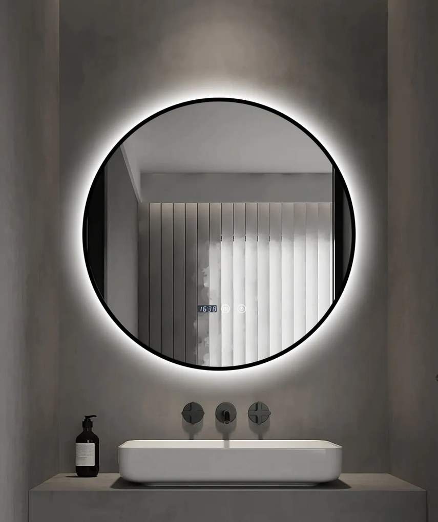 Oglindă LED Touch Premium, Dezaburire, Rama Negra, 3 Tipuri Lumină 60 cm
