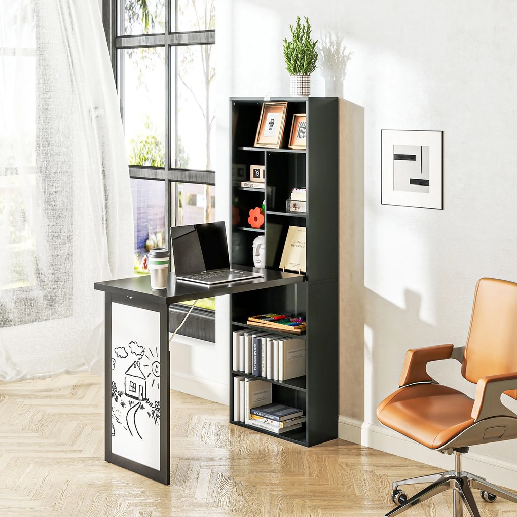 HOMCOM Birou Modern Pliabil cu Bibliotecă și Tablă, din Lemn și Metal, 98x51x153 cm, Negru | Aosom Romania