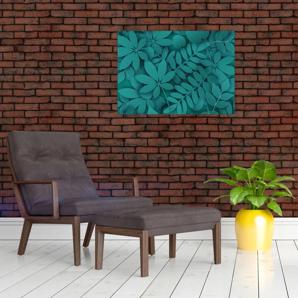 Tablou pe sticlă - Frunze turcoaz (70x50 cm)