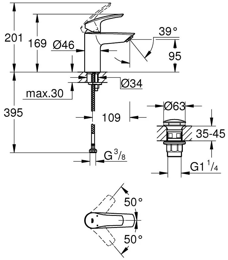 Baterie lavoar Grohe Eurosmart cu ventil click-clack, marime S, negru mat