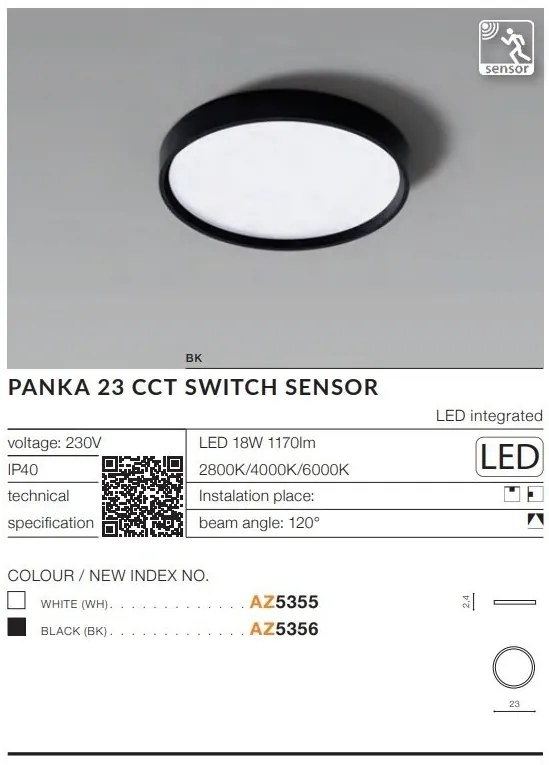 Plafoniera LED slim cu senzor de miscare si protectie IP40 PANKA 23 CCT alb