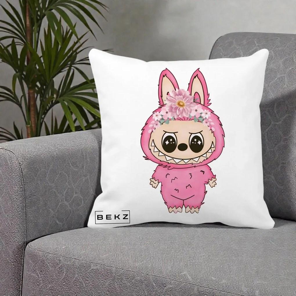 Perna Personalizata Labubu Roz cu Coroana Florala, 40x40 cm, Alba Mata, Husa Detasabila, Perna Inclusa, BEKZ®