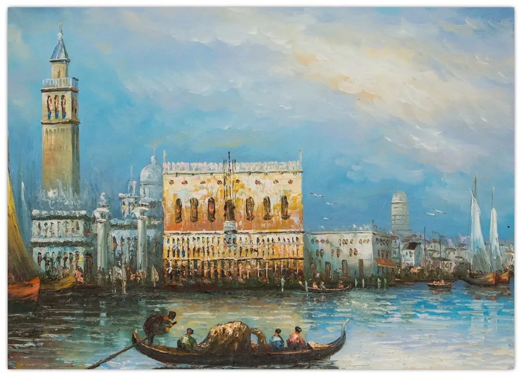 Tablou pe sticlă - Gondola care trece prin Veneția, pictură în ulei (70x50 cm)