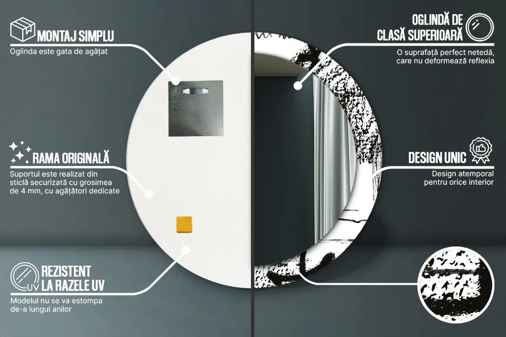 Oglinda rotunda cu rama imprimata Model de graffiti fi 80 cm