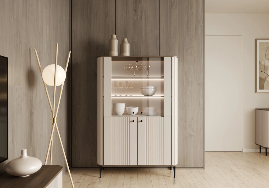 Vitrină Vesper 103 cm cu 4 uși - cașmir / nuc / picioare negre