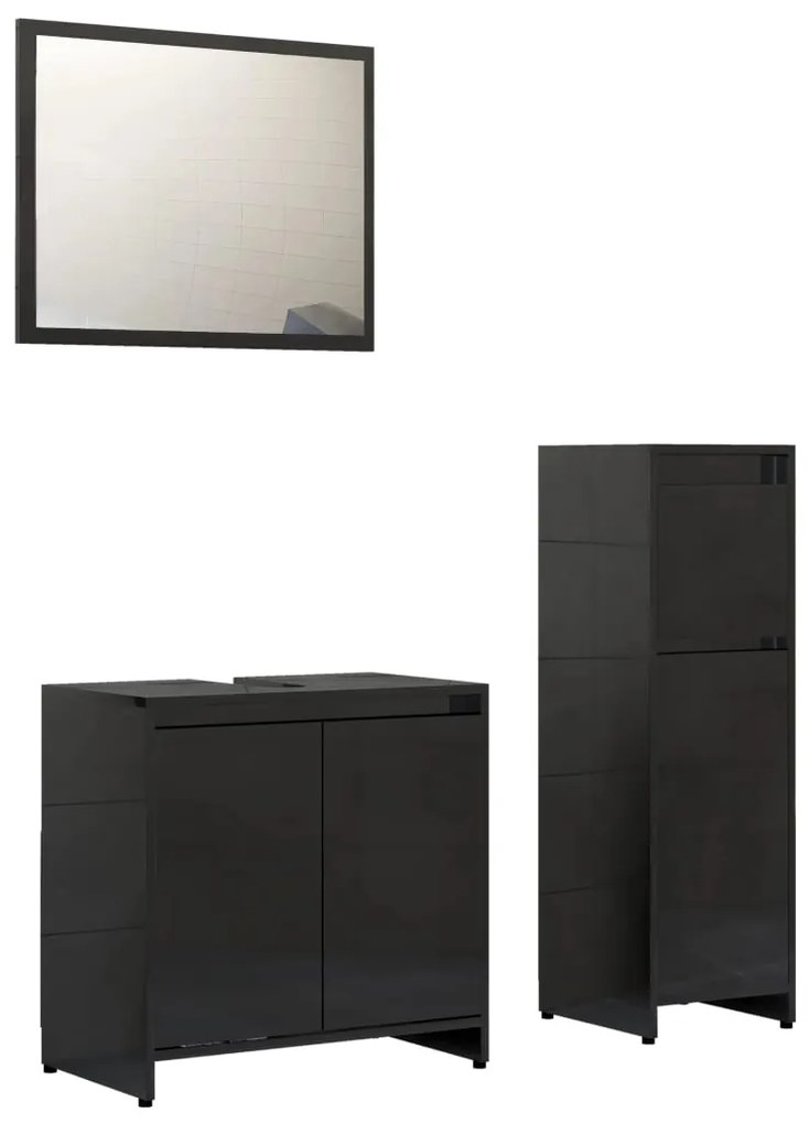 Set mobilier de baie, 3 piese, negru extralucios, PAL negru foarte lucios, 1