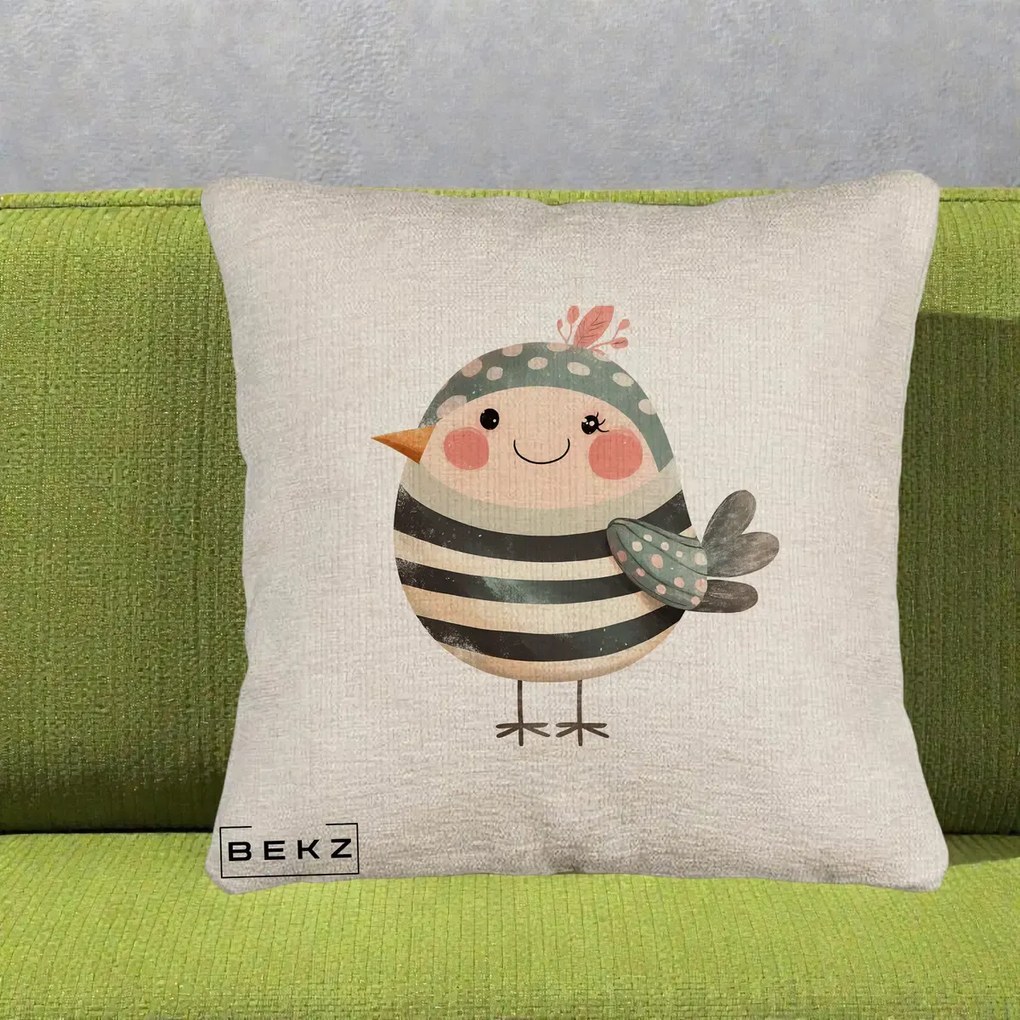 Perna Decorativa Pui Kawaii Teal cu Flori, 40x40 cm, Bej Canapea, Husa Detasabila, Perna Inclusa, BEKZ®