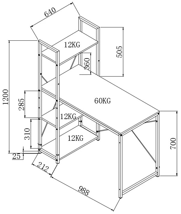 Birou Narvik B-1 Negru - L120 x l64 x H120 cm