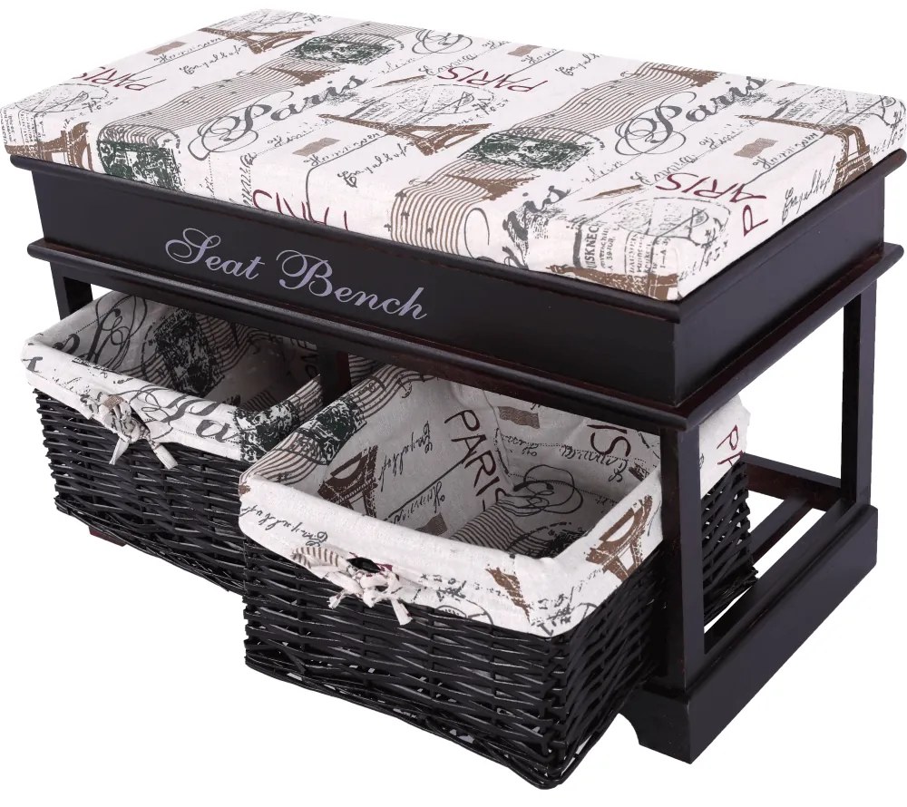 Bancă cu pernă, 2 coşuri de răchită, maro închis/bej/imprimeu, SEAT BENCH 3