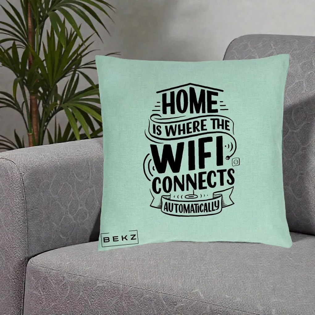 Perna Decorativa Home Is Where WiFi Connects, 40x40 cm, Verde Menta, Husa Detasabila, Perna Inclusa, BEKZ®