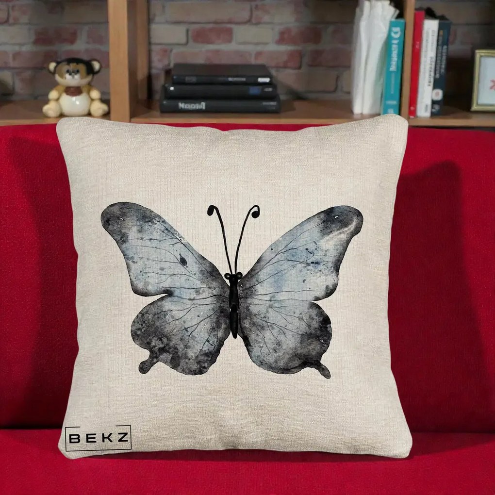 Perna Decorativa Fluture Acuarela Albastru-Gri, 40x40 cm, Bej Canapea, Husa Detasabila, Perna Inclusa, BEKZ®