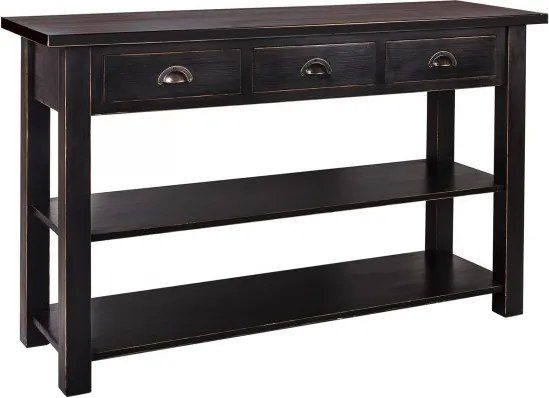 Consolă hol vintage din lemn de pin, negru, cu 3 sertare, 2 rafturi și mânere semirotunde din metal, 90 x 146 x 47 cm, „Paris”