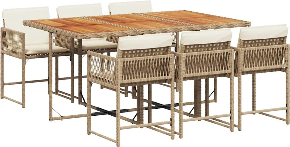 vidaXL Set de masă pentru grădină, 7 piese, cu perne, bej, poliratan
