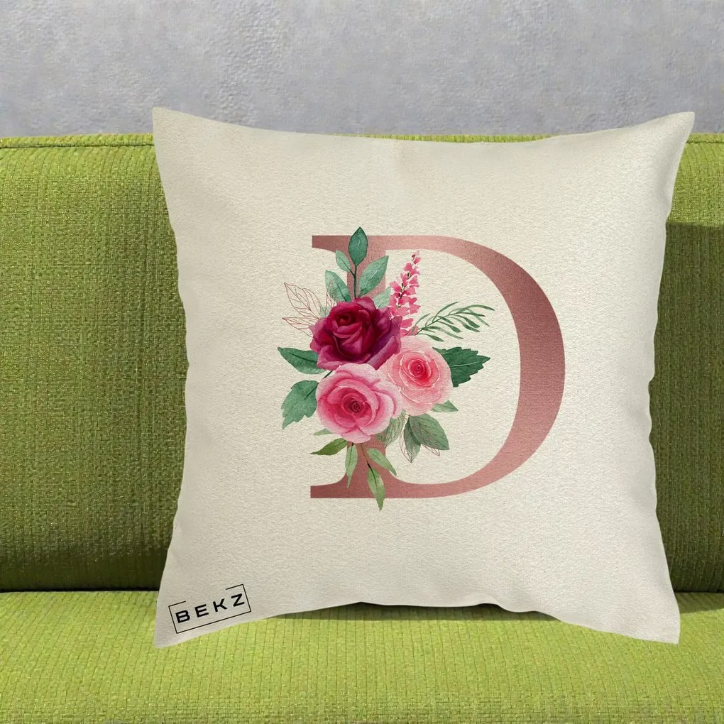 Cadou Personalizat - Perna Personalizata Monograma Rose Gold Litera D, 40x40 cm, Ecru, Husa Detasabila, Perna Inclusa, BEKZ®