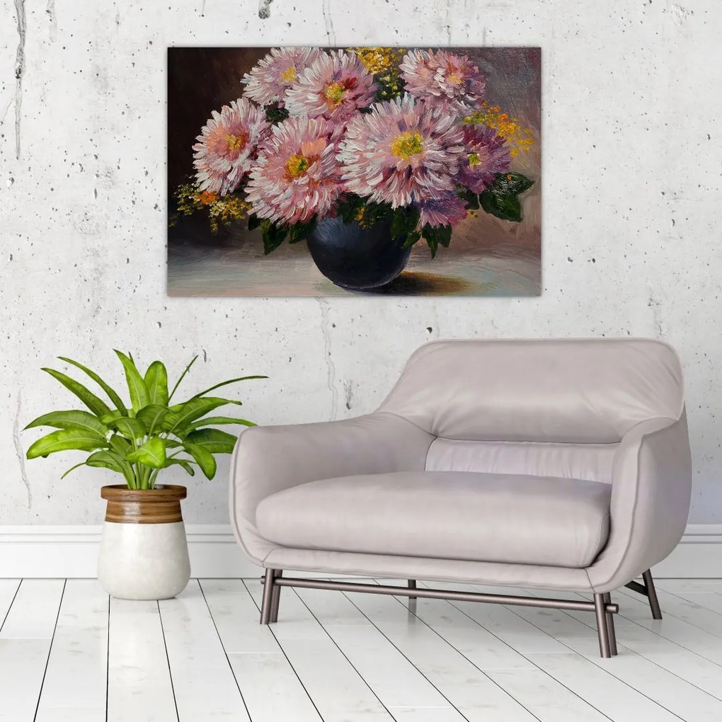 Tablou - Pictură în ulei, flori în vază (90x60 cm)