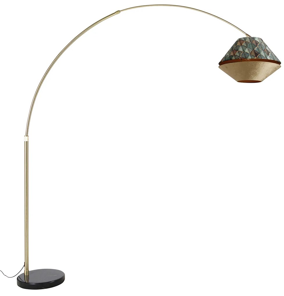 Booglamp messing met dubbele velours kap blad dessin en beige - XXL