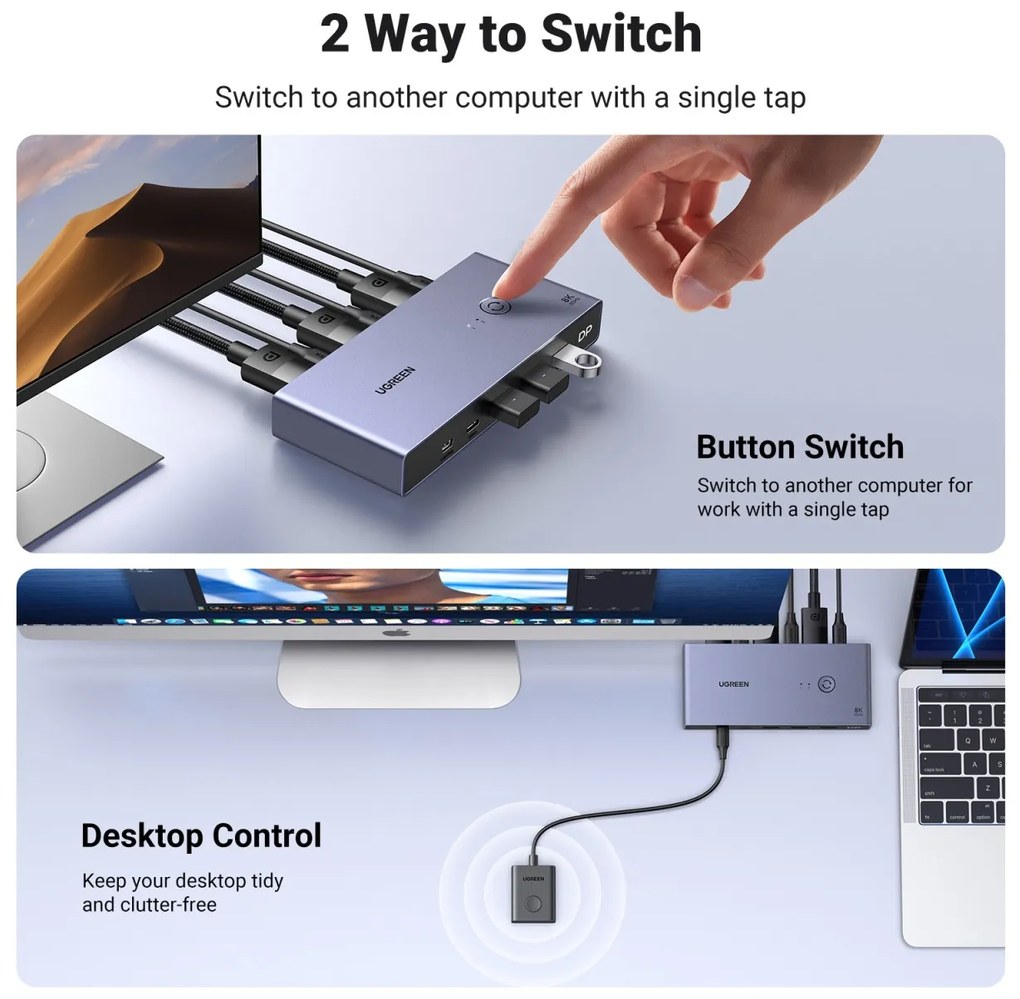 Switch KVM UGREEN CM695 Input: 2 x DP si USB-Type-C, 1 x Mini USB, Output: 1 x DP,3 x USB, 1 x USB-Type-C, rez. max.8K/60Hz