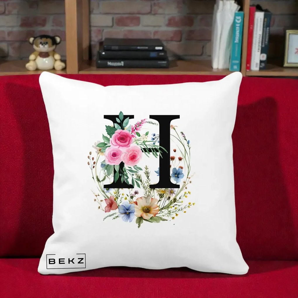 Cadou Personalizat - Perna Personalizata Monogram Litera H cu Flori Acuarela, 40x40 cm, Alba Mata, Husa Detasabila, Perna Inclusa, BEKZ®