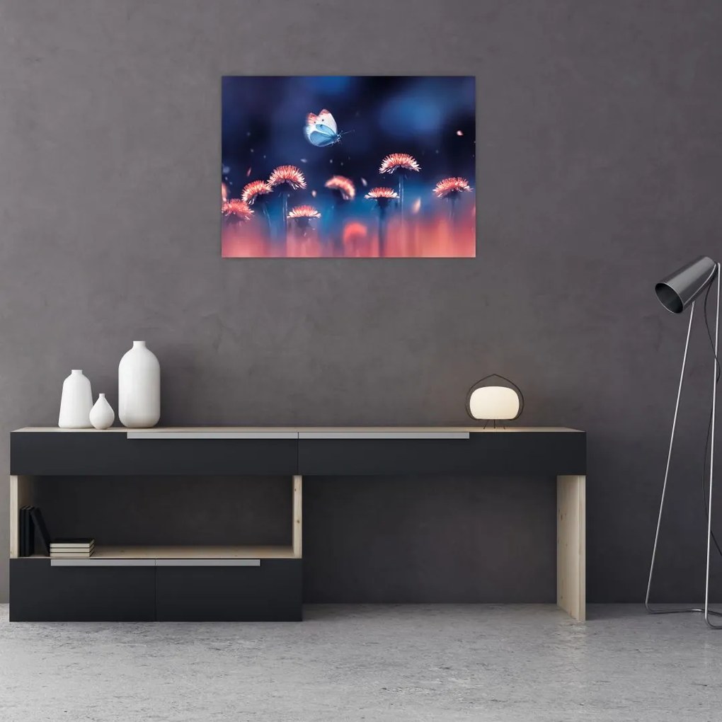 Tablou pe sticlă cu păpădii cu fluture albastru (70x50 cm)