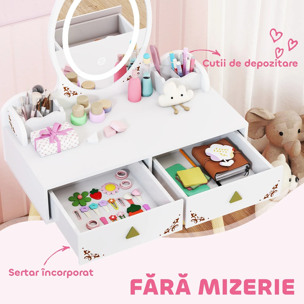 AIYAPLAY Set Măsuță și Scaun pentru Copii cu Oglindă cu Lumini LED în 3 Culori, Sertar, Cutii de Depozitare, pentru 3+ Ani, Alb | Aosom Romania