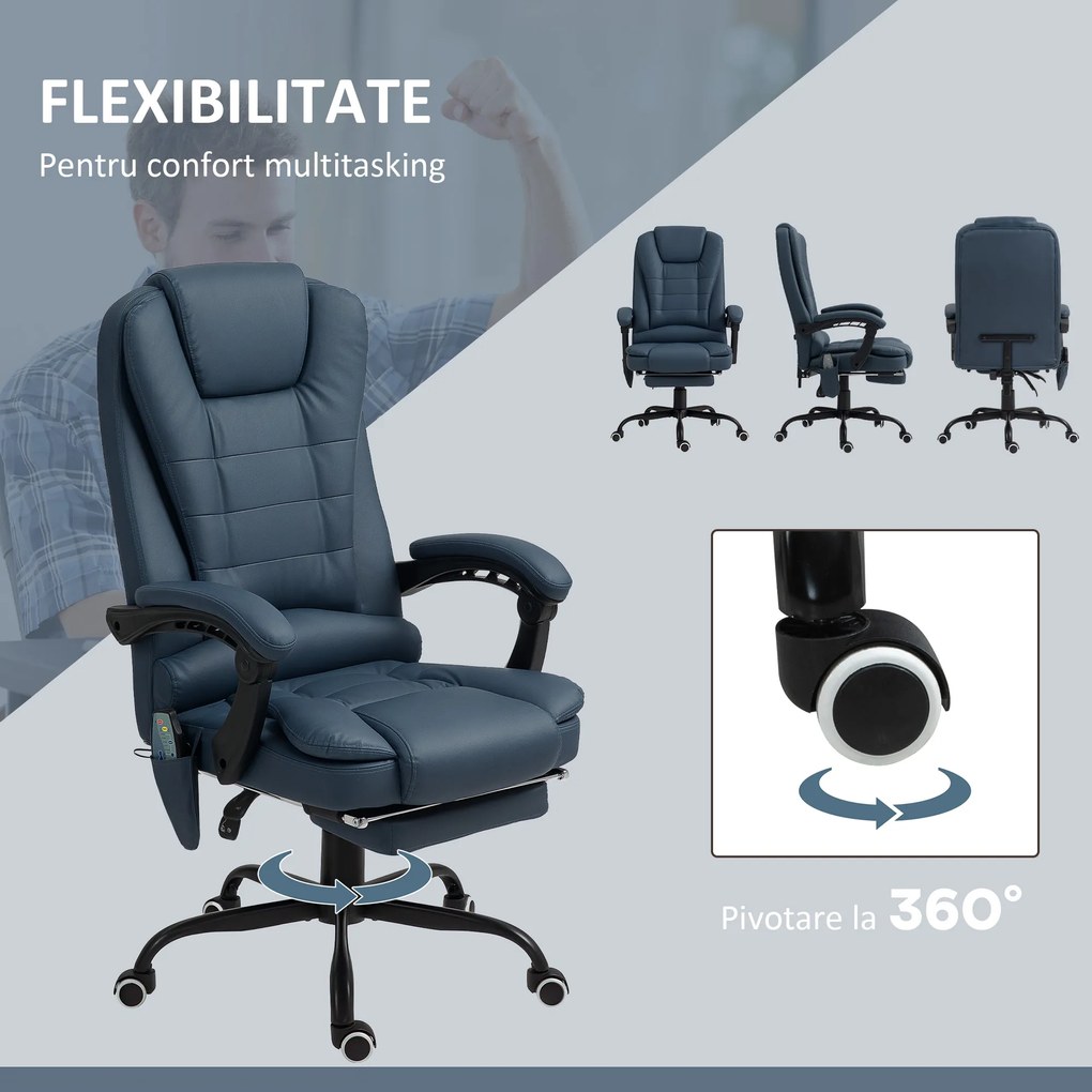 Vinsetto Fotoliu Ergonomic de Birou cu 7 Puncte de Masaj, Suport pentru Picioare și Înălțime Reglabilă, 67x67x111-121 cm, Albastru | Aosom Romania