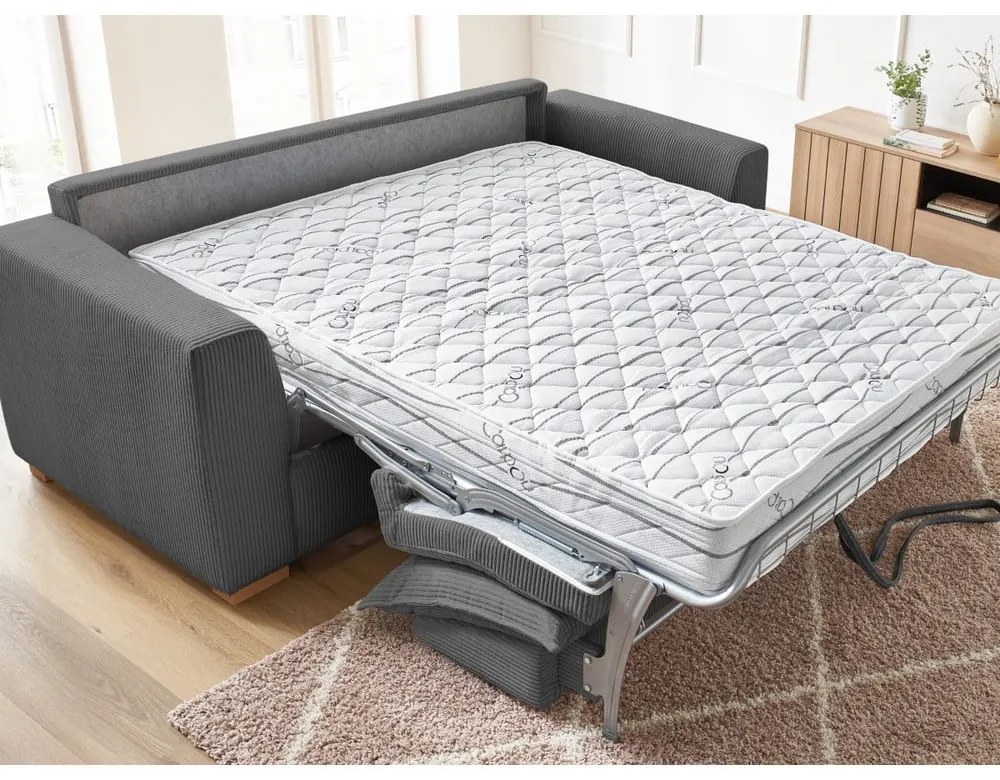 Canapea gri extensibilă cu tapițerie din catifea reiată 225 cm Augustin – Bobochic Paris