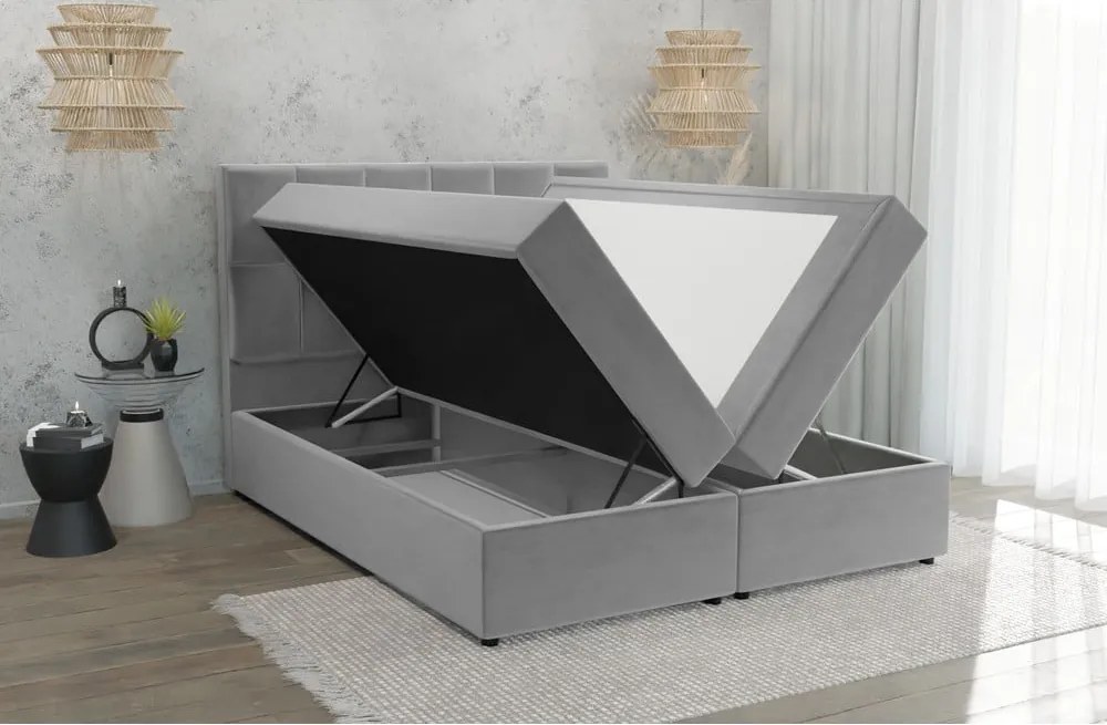 Pat boxspring gri deschis cu spațiu de depozitare 160x200 cm Flip – Ropez