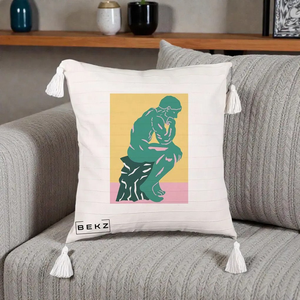 Perna Decorativa Ganditorul Sculptura Pop Art, 40x40 cm, Bej cu Franjuri, Husa Detasabila, Perna Inclusa, BEKZ®