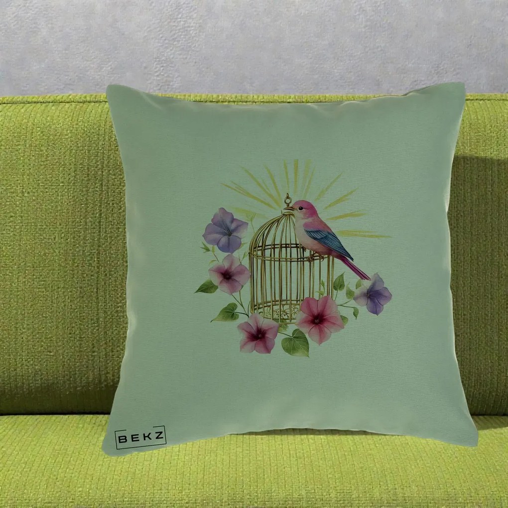 Perna Decorativa Pasare Roz pe Colivie Aurie cu Flori, 40x40 cm, Verde, Husa Detasabila, Perna Inclusa, BEKZ®