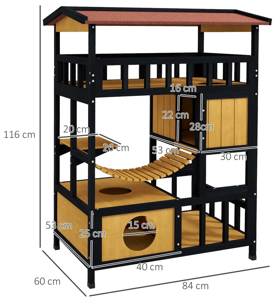 PawHut Casă de pisici, Paradisul pisicilor cu platforme, pod suspendat și cuiburi de pisici, potrivit pentru până la 2 pisici, lemn | Aosom Romania
