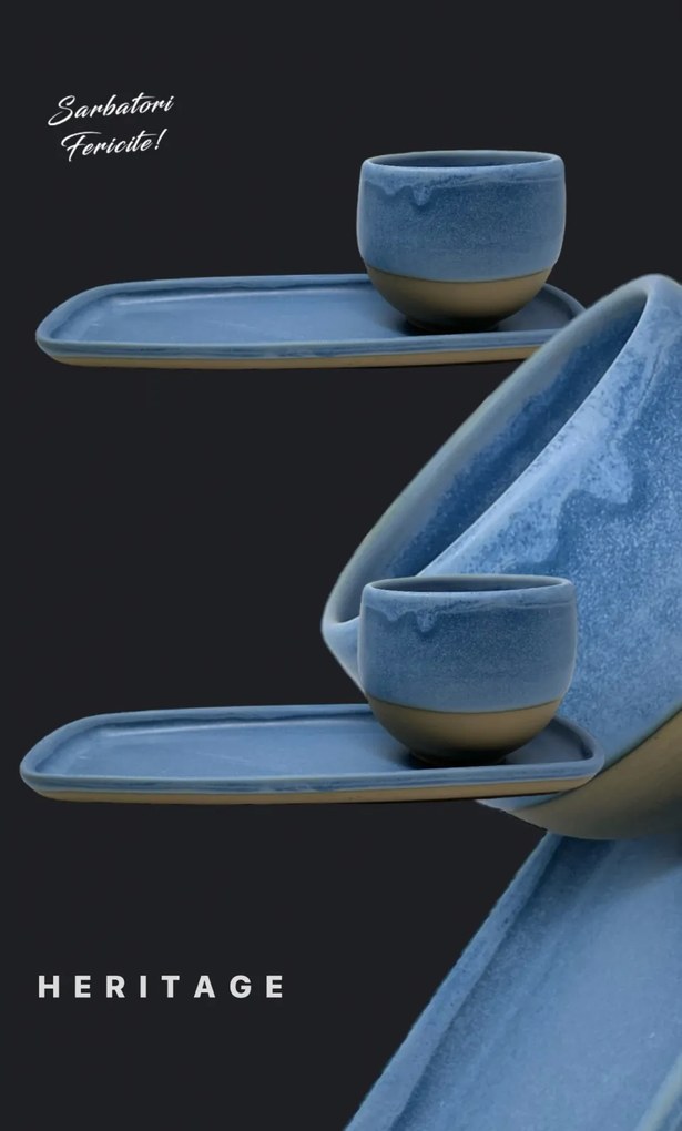 Set Cadou Heritage Albastru Oslo Cafea (2 Pahare Heritage 300ml + 2 Platouri Heritage lungime 22,5cm, latime 10cm)