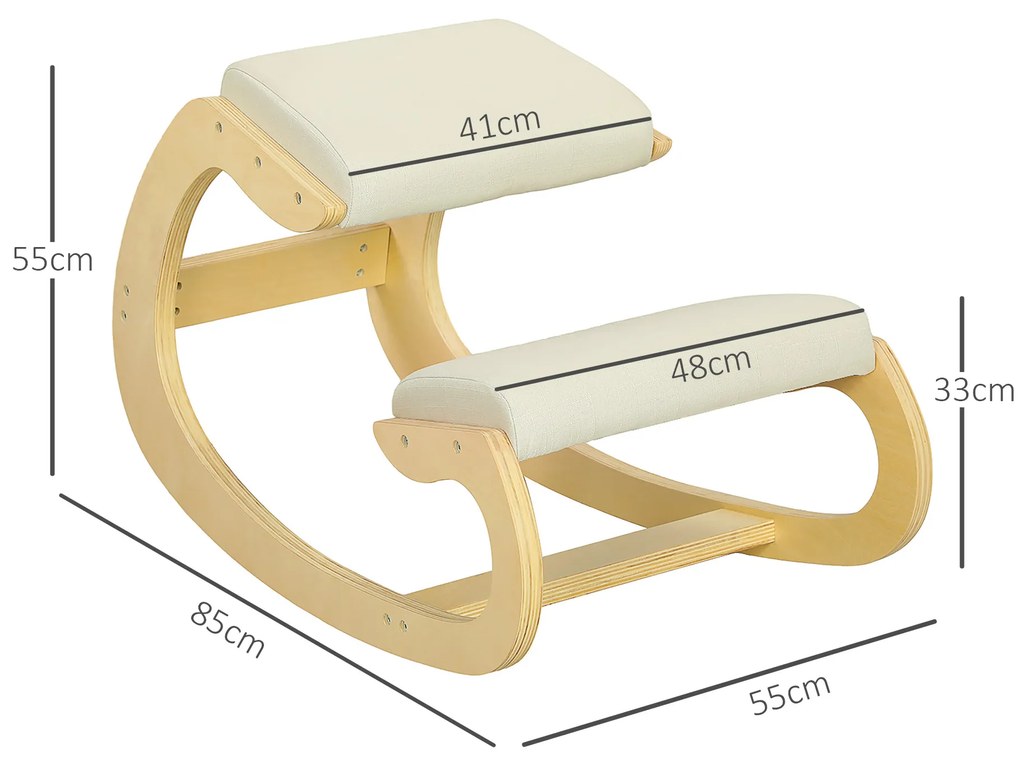 HOMCOM Scaun Ergonomic Postural din Material Textil, Scaun pentru Genunchi cu Mișcare de Legănare, 55x85x55 cm, Alb Crem | Aosom Romania