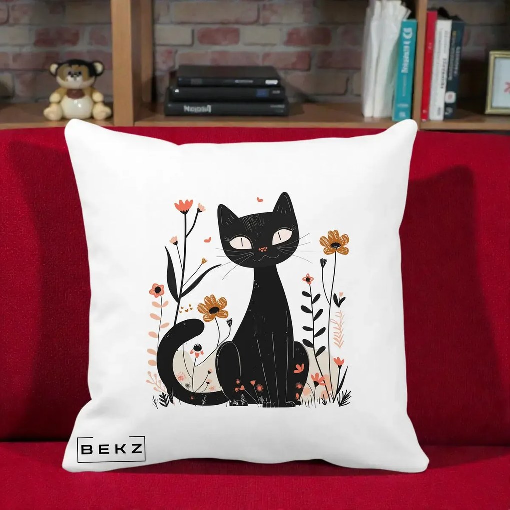 Perna Decorativa Pisica Neagra Flori Pastel Folk, 40x40 cm, Alba Mata, Husa Detasabila, Perna Inclusa, BEKZ®