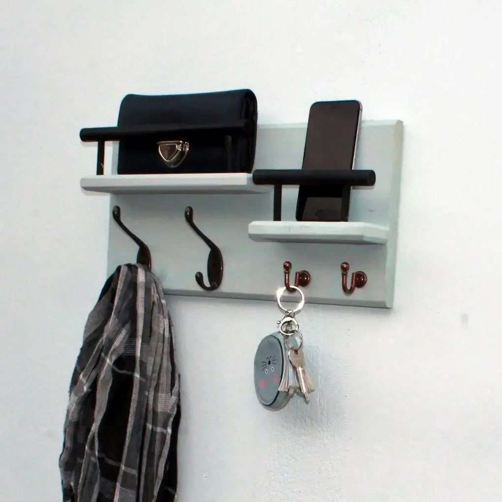 Cuier din lemn cu 4 agatatori si 2 polite 1002 Homs 40 x 20 cm, verde marin