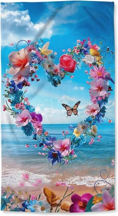 Prosop de plaja cu uscare rapida FLOWER LOVE colorat 70 x 140 cm, 100% microfibra