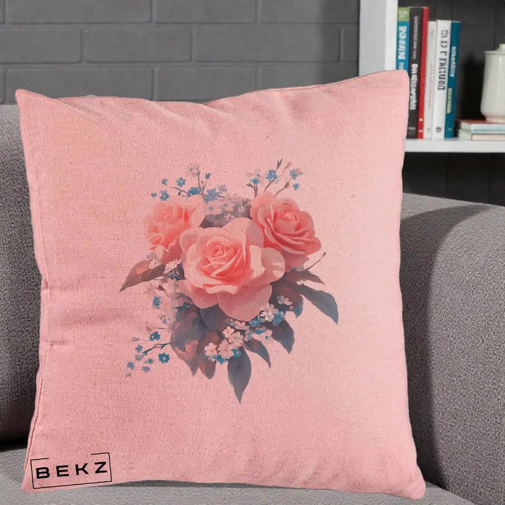 Perna Decorativa Trandafiri Roz cu Floricele Albastre, 40x40 cm, Roz, Husa Detasabila, Perna Inclusa, BEKZ®