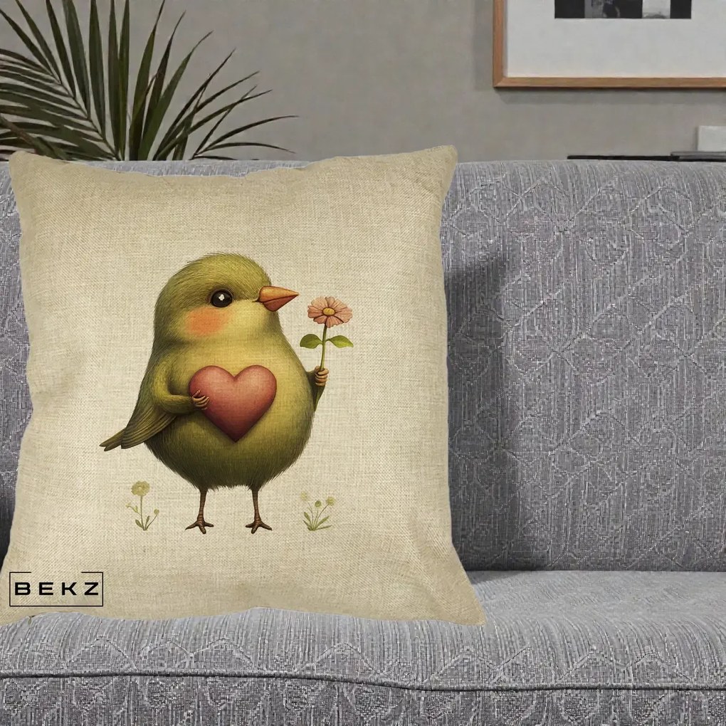 Perna Decorativa Pasare Verde cu Inima si Floare, 40x40 cm, Crem, Husa Detasabila, Perna Inclusa, BEKZ®