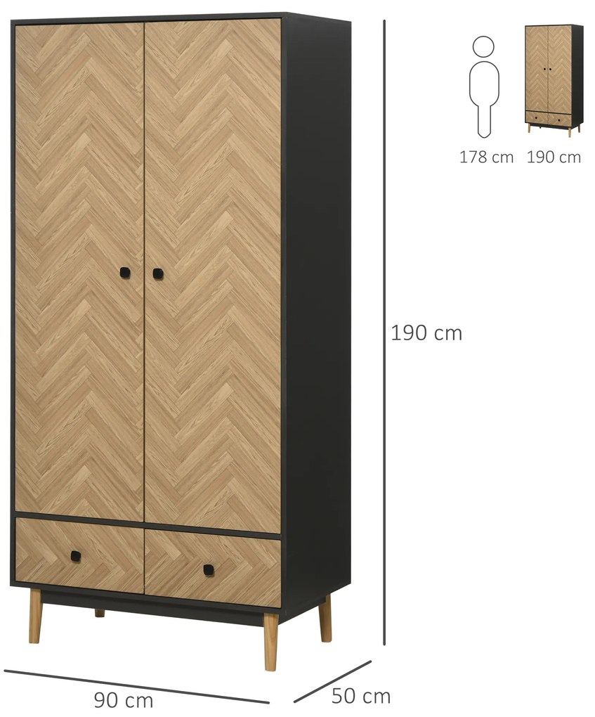 HOMCOM Dulap din lemn cu doua usi: 4 compartimente, 2 umerase si sertare culoare gri inchis, 90x50x190 cm | Aosom Romania