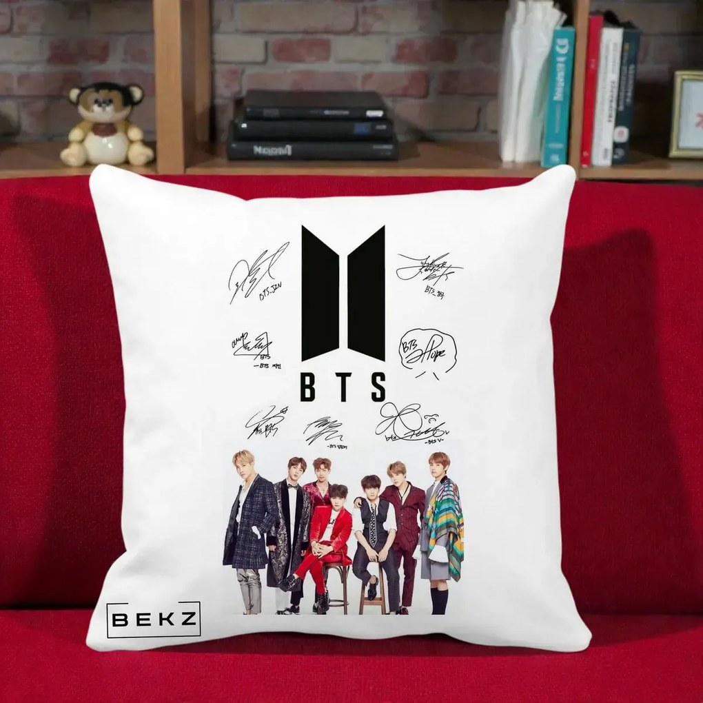 Perna Personalizata K-pop BTS Semnaturi Foto, 40x40 cm, Alba Mata, Husa Detasabila, Perna Inclusa, BEKZ®