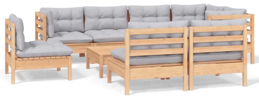 3096471 vidaXL Set mobilier de grădină cu perne gri, 9 piese, lemn masiv pin