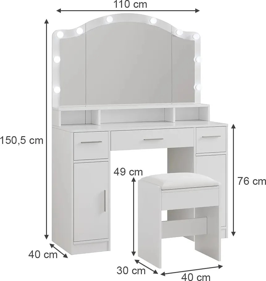 Masuta machiaj cu Oglinda LED si 3 Sertare pentru Cosmetice, Set Masa toaleta 110 cm, Alb, masuta cosmetica, vanity - SEA809