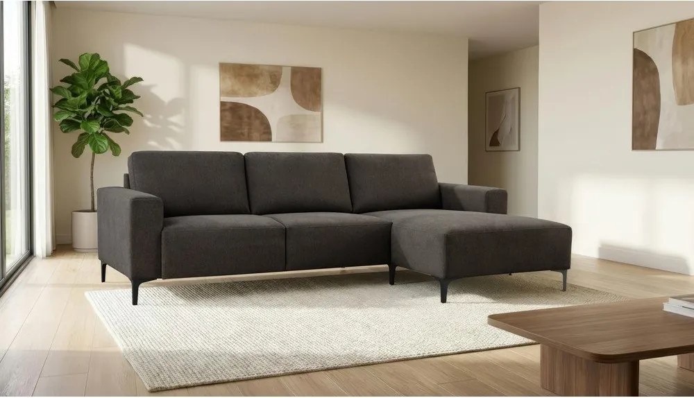 Colțar gri antracit cu tapițerie din chenille (cu colț pe partea dreaptă/cu șezlong) Fabian – Scandic
