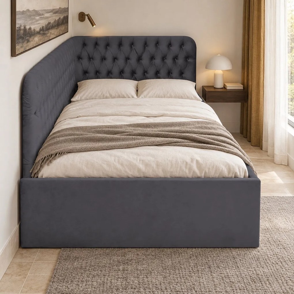 Pat tapițat pentru copii din catifea Elyra 140×200 cm, gri închis, colț stânga, cu ladă de depozitare