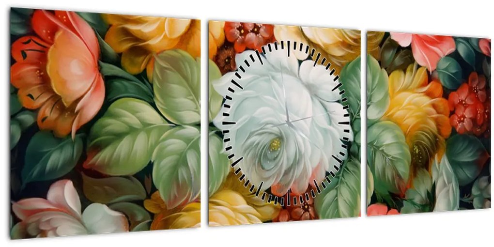 Tablou cu buchet pictat de flori (cu ceas) (90x30 cm)